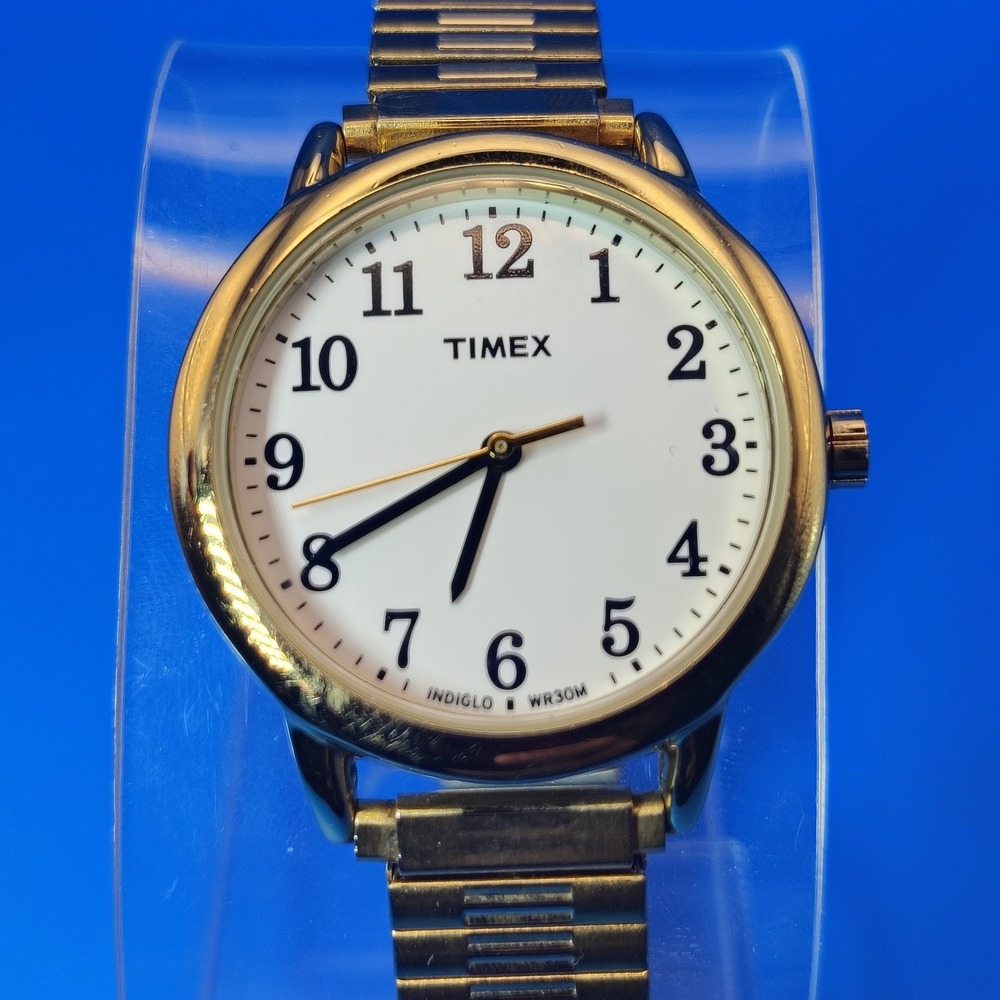 Vintage 2007 Timex Indiglo 30mm‎ Women's Quartz Watch Gold Tone Stretch Bracelet